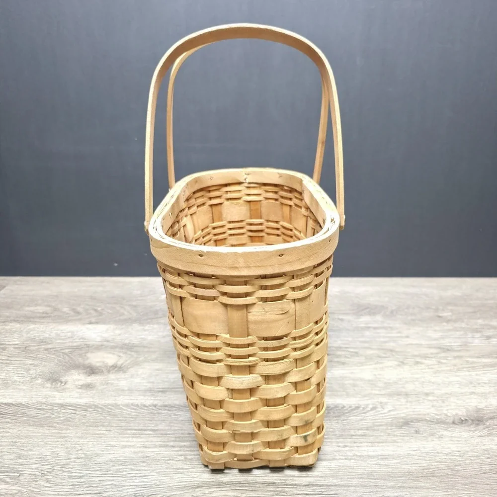 Vintage Double Handled Light Brown Wooden Basket 13x9x6 Rustic Home Decor